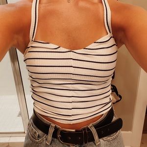 White and navy striped halter top